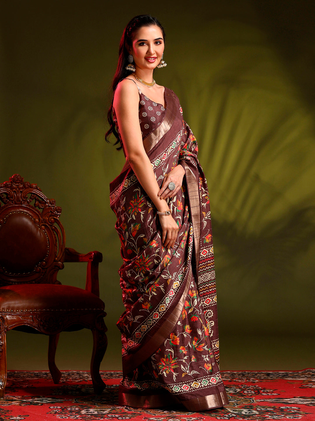 Silk Blend Coffee Brown Printed Designer Saree With Blouse