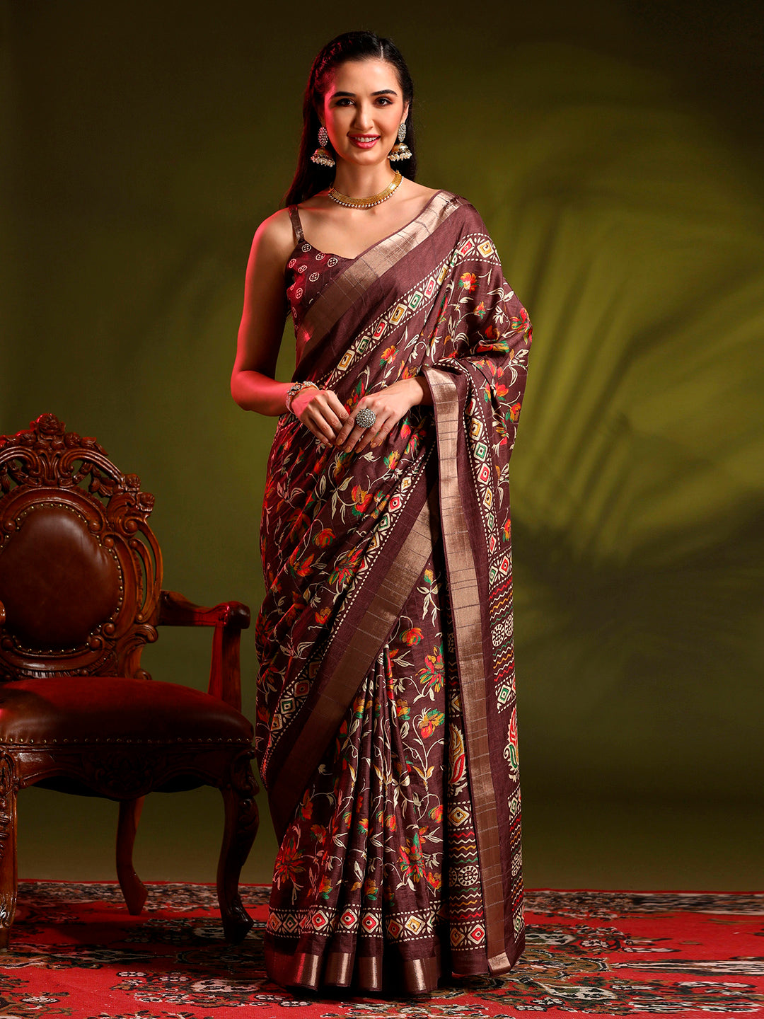 Silk Blend Coffee Brown Printed Designer Saree With Blouse