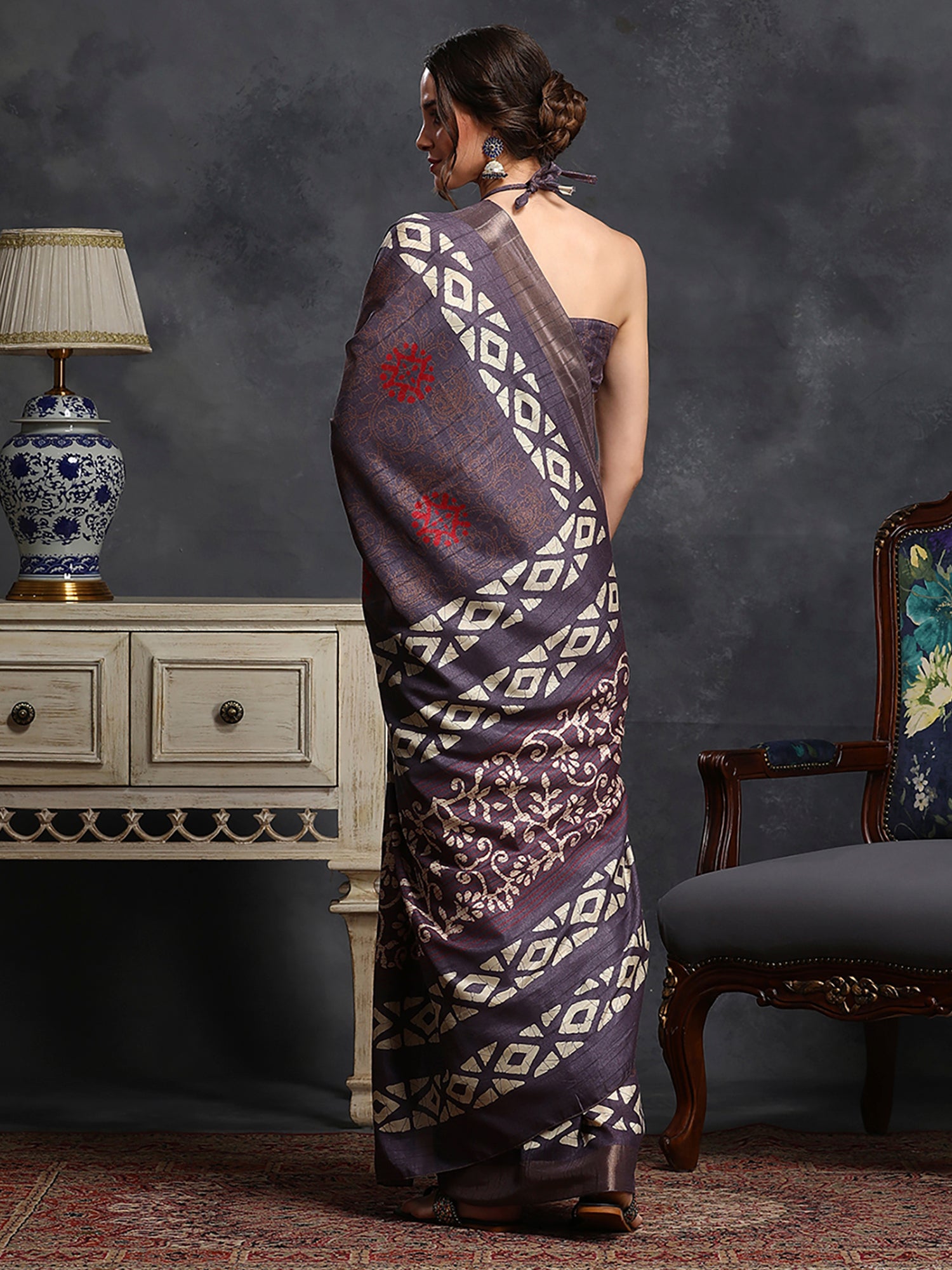 Silk Blend Violet Printed Designer Saree With Blouse