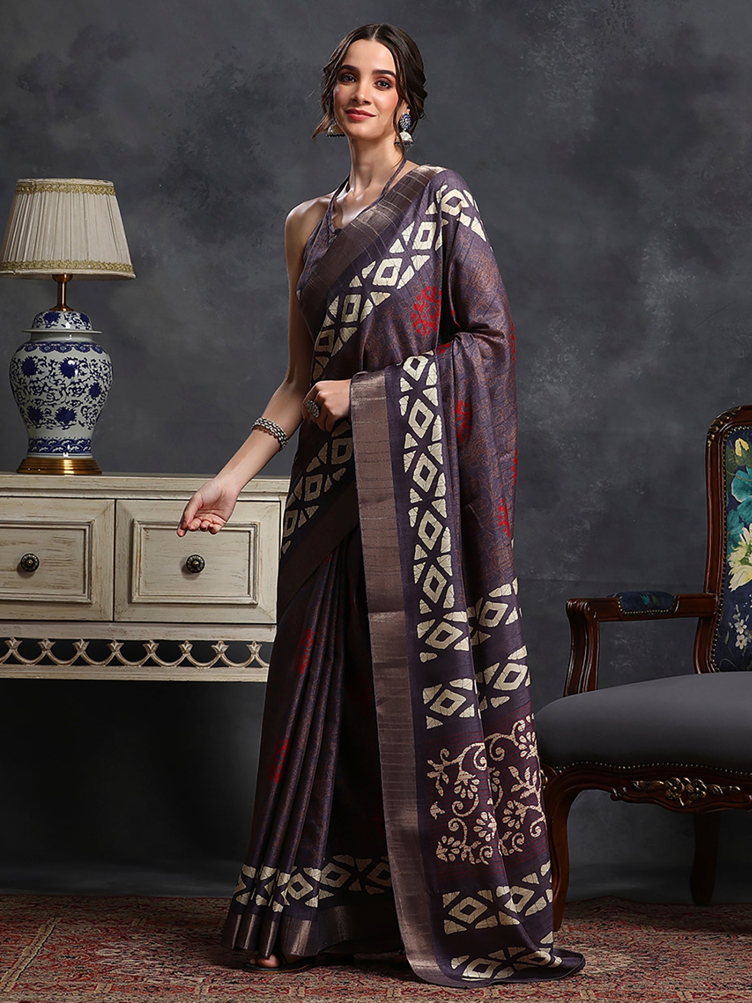 Silk Blend Violet Printed Designer Saree With Blouse