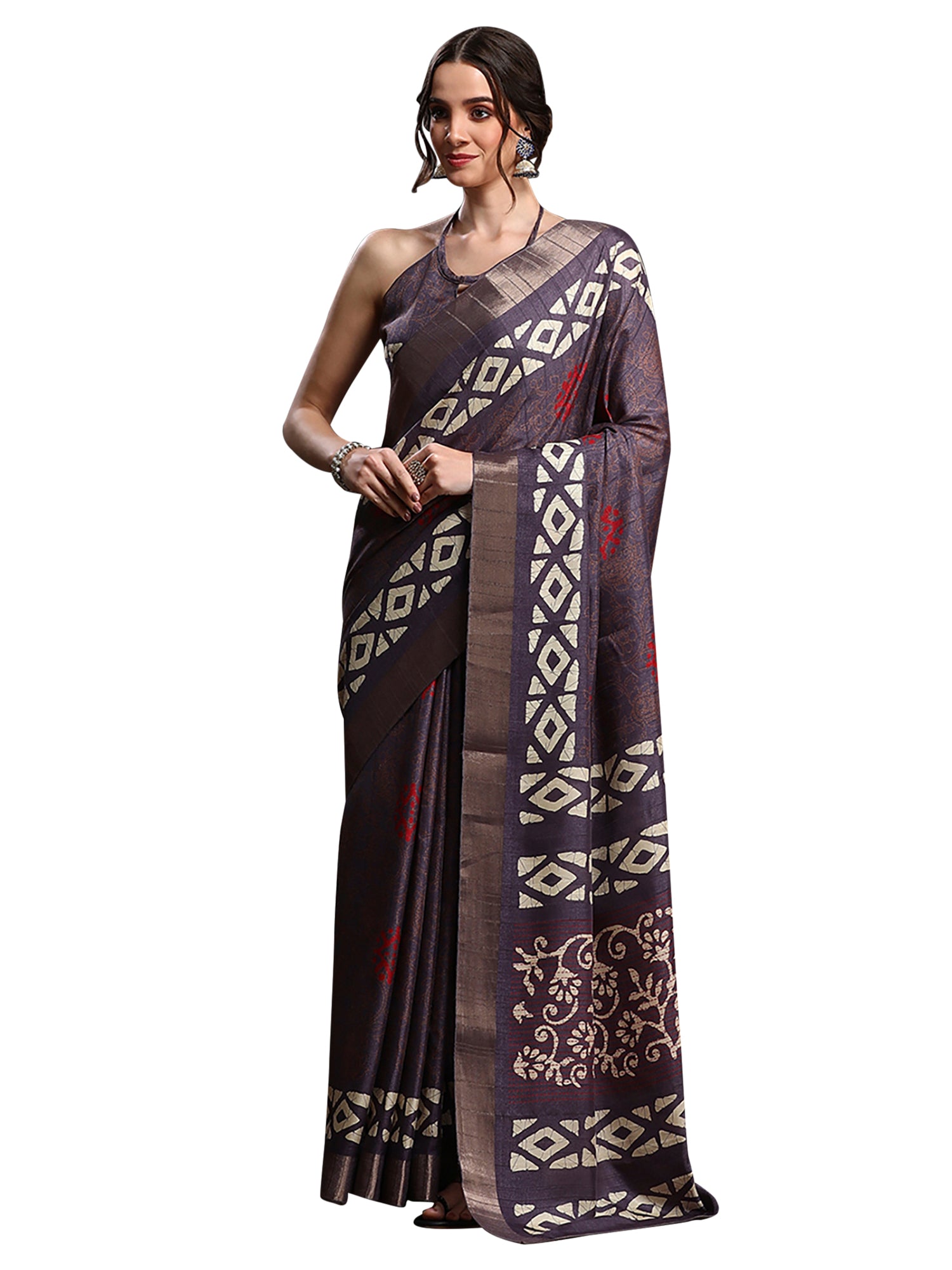 Silk Blend Violet Printed Designer Saree With Blouse