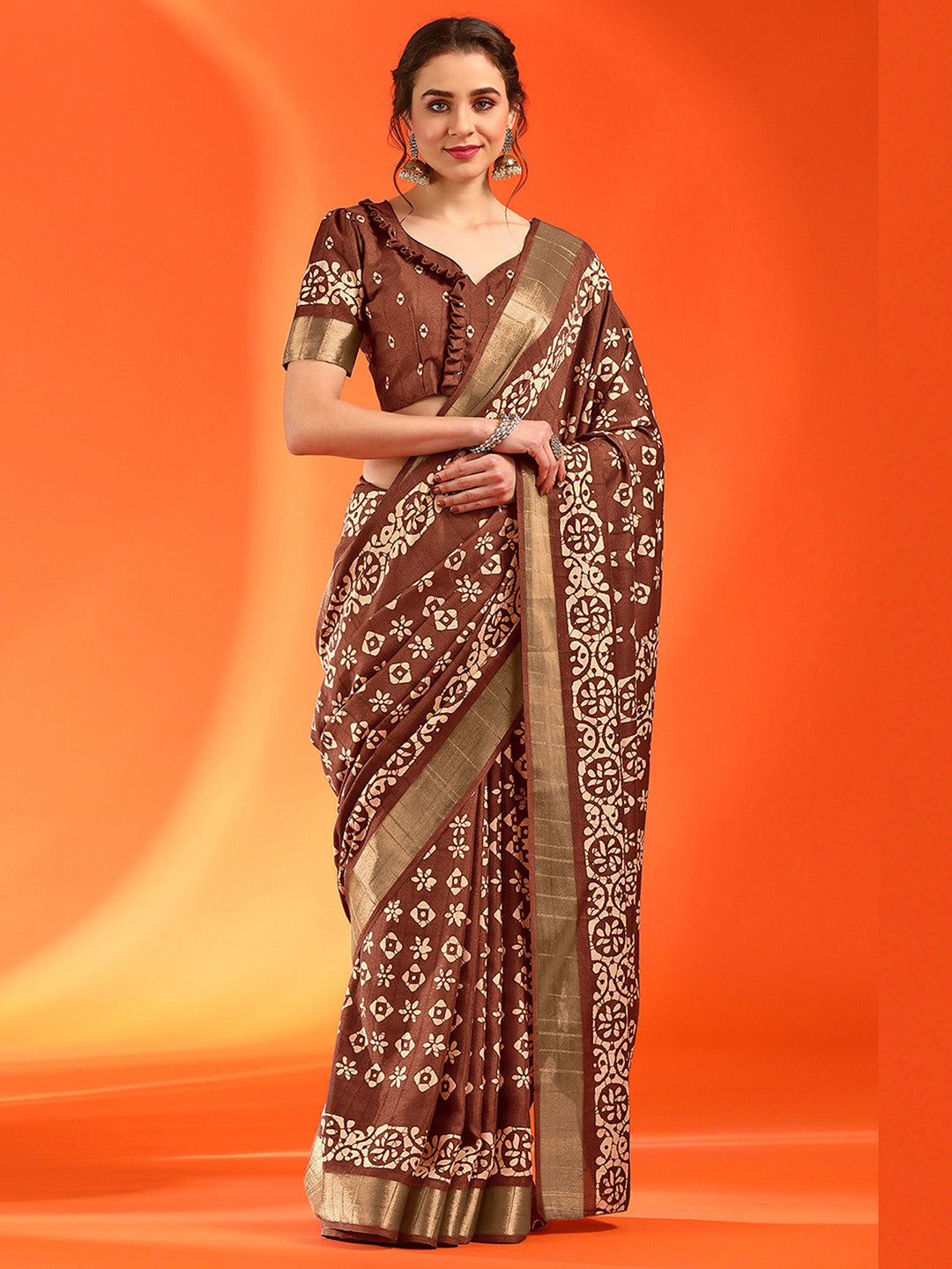 Silk Blend Brown Printed Designer Saree With Blouse