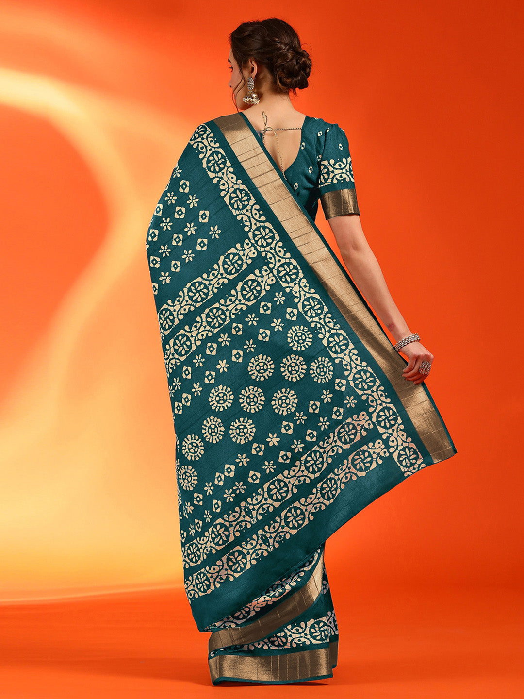 Silk Blend Teal blue Printed Designer Saree With Blouse