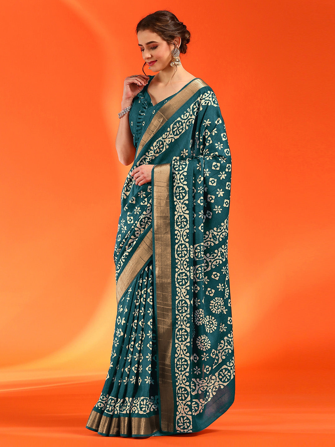 Silk Blend Teal blue Printed Designer Saree With Blouse