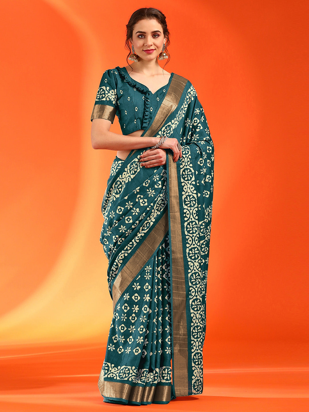 Silk Blend Teal blue Printed Designer Saree With Blouse