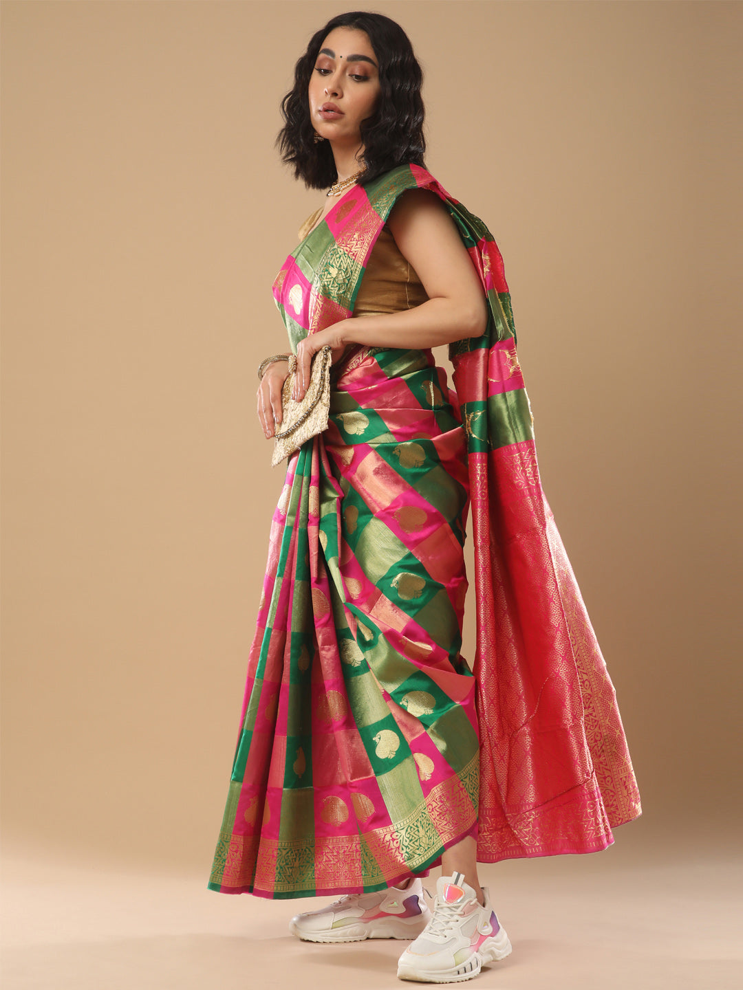 Silk Blend Green Woven Design Designer Saree With Blouse