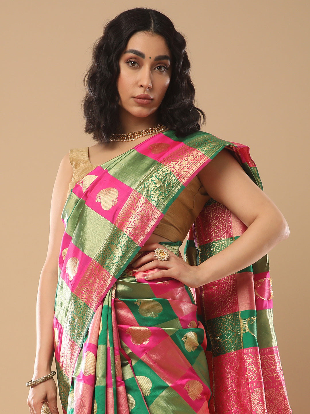 Silk Blend Green Woven Design Designer Saree With Blouse