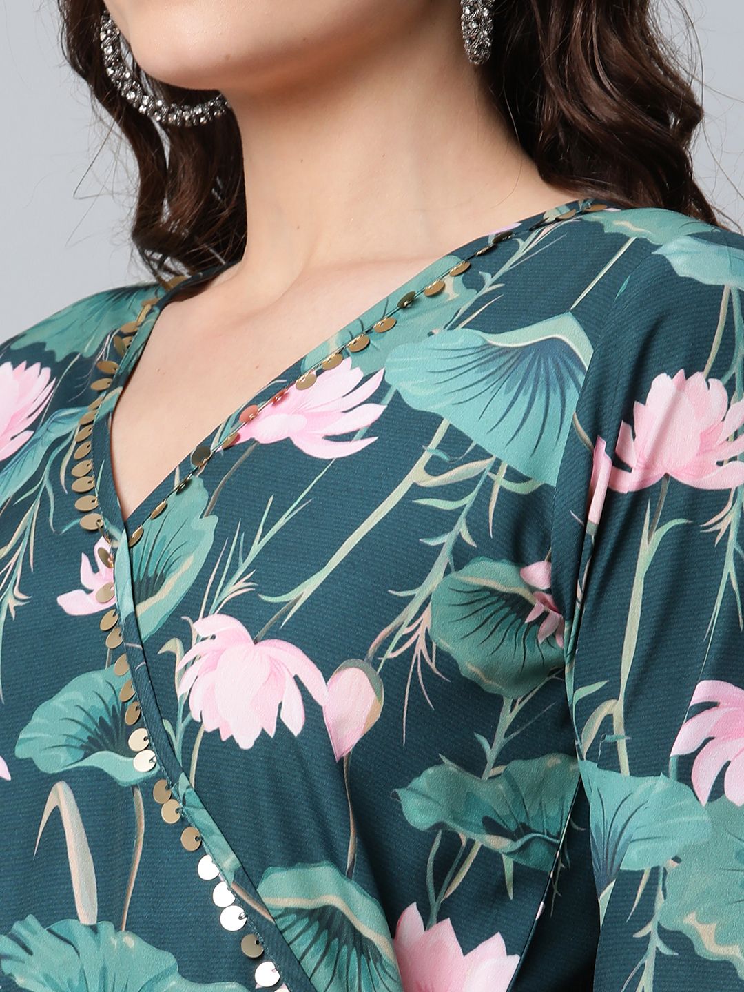 Dark Green Digital Print Flared Dress