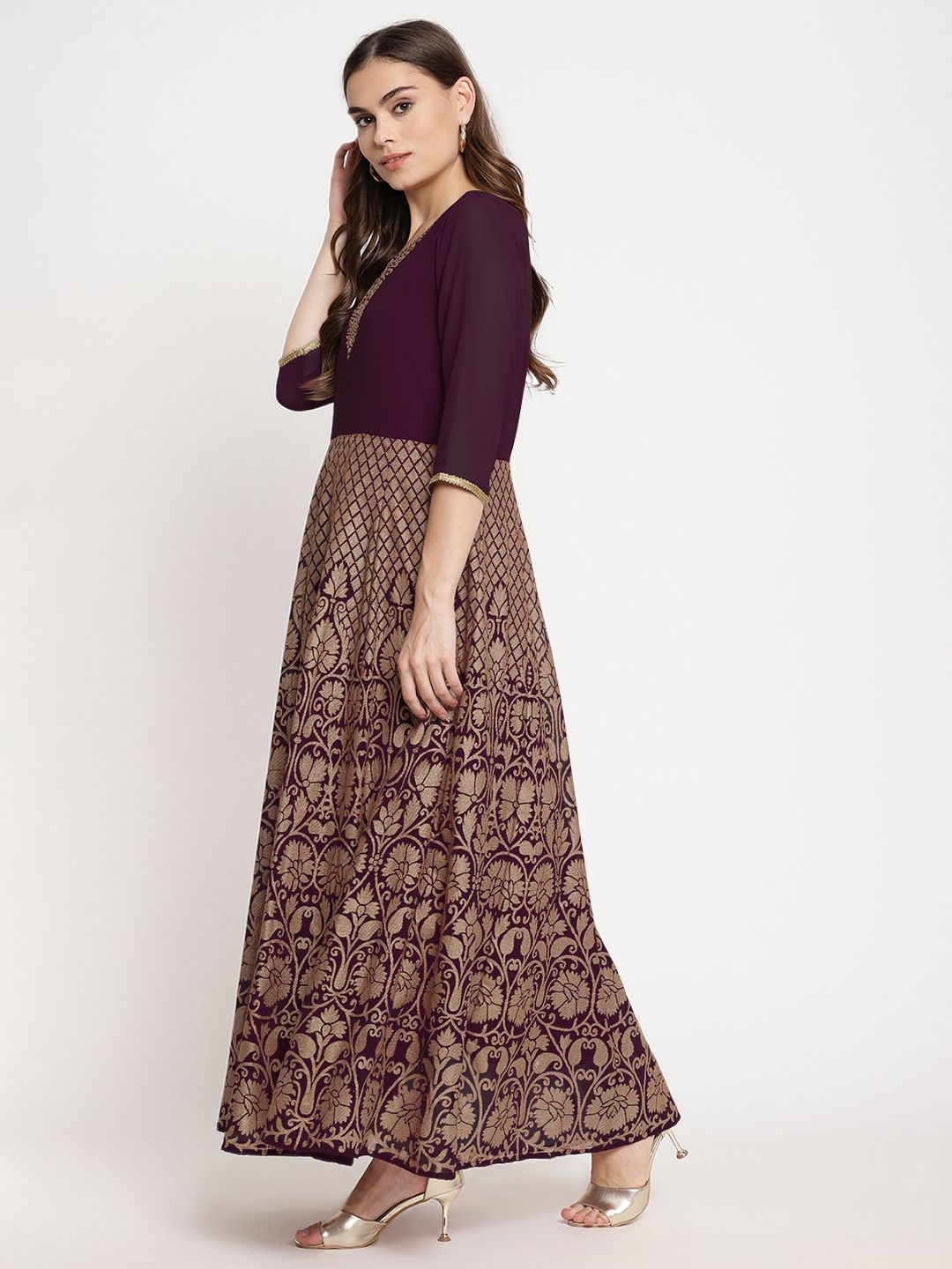 Wine Georgette Gold Foil Print Flared Kurta with Dupatta