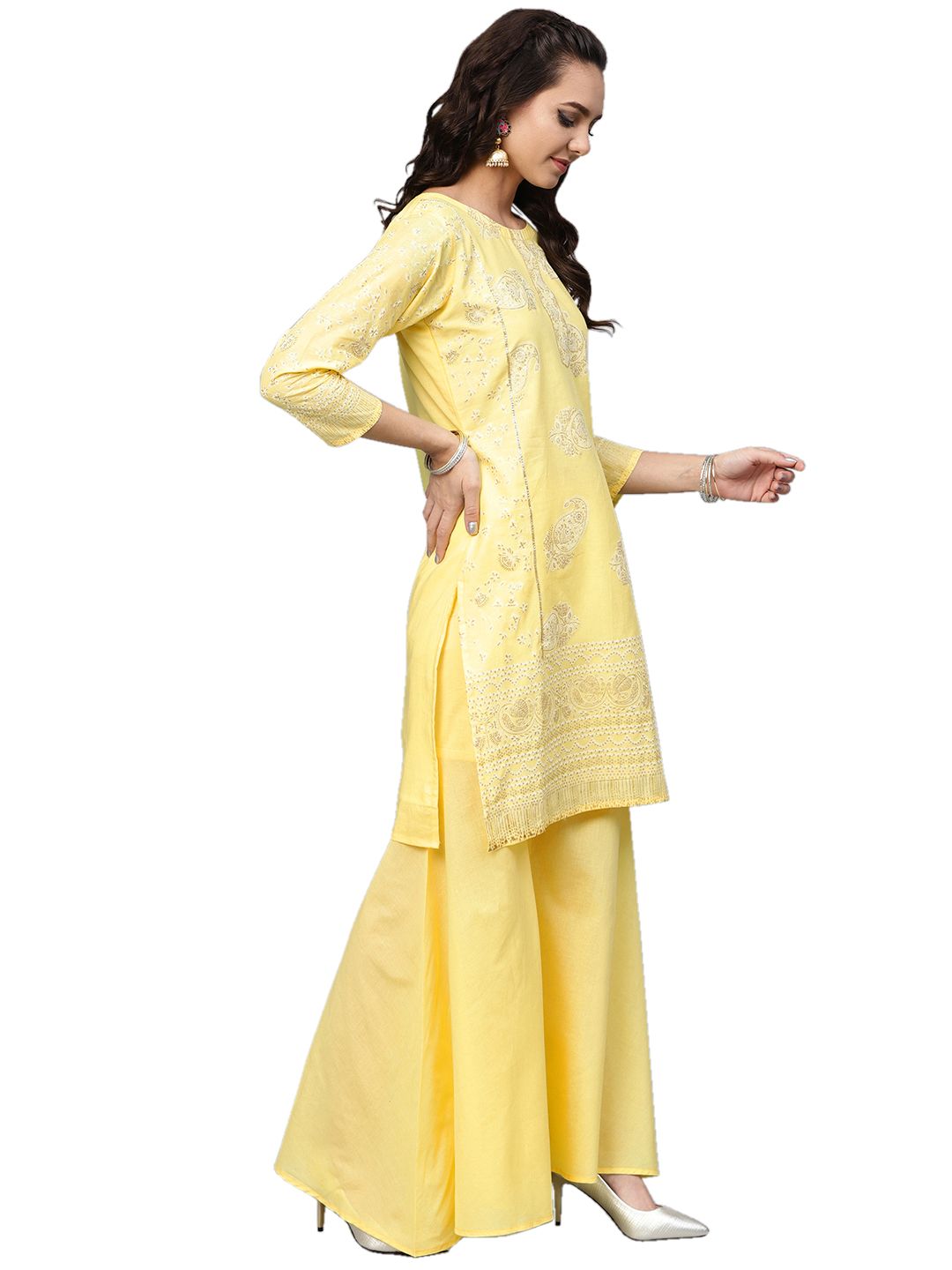 Ahalyaa Women's Cotton Blend Yellow Glitter Print Kurta Sharara Set With Dupatta