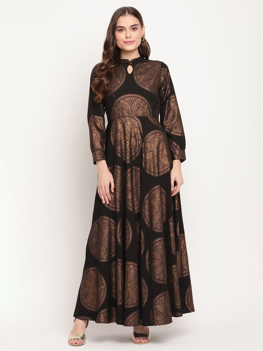 Ahalyaa Women Black Crepe Copper Foil Print Dress