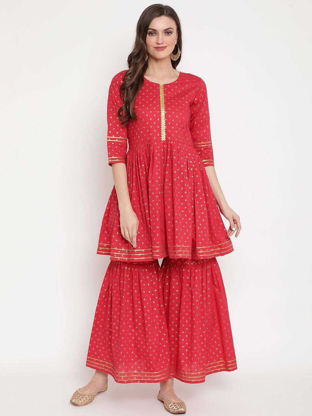 Women's Red Pure Cotton Gold Print Sharara Set