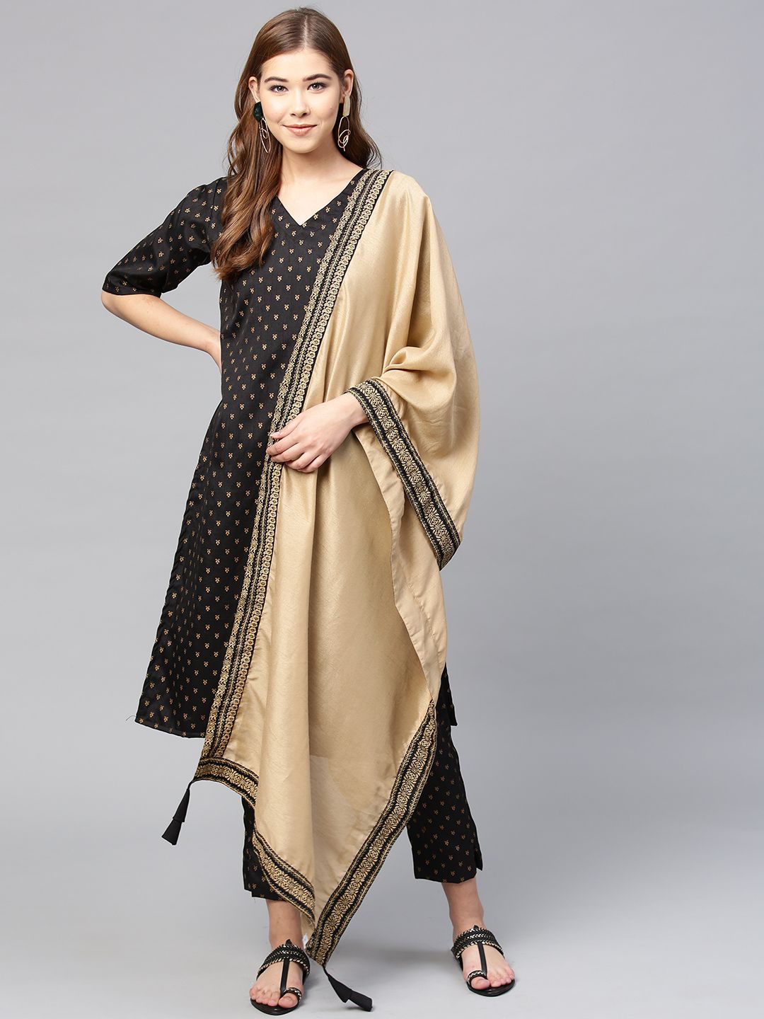 Black Poly Silk Printed Kurta Pant With Dupatta