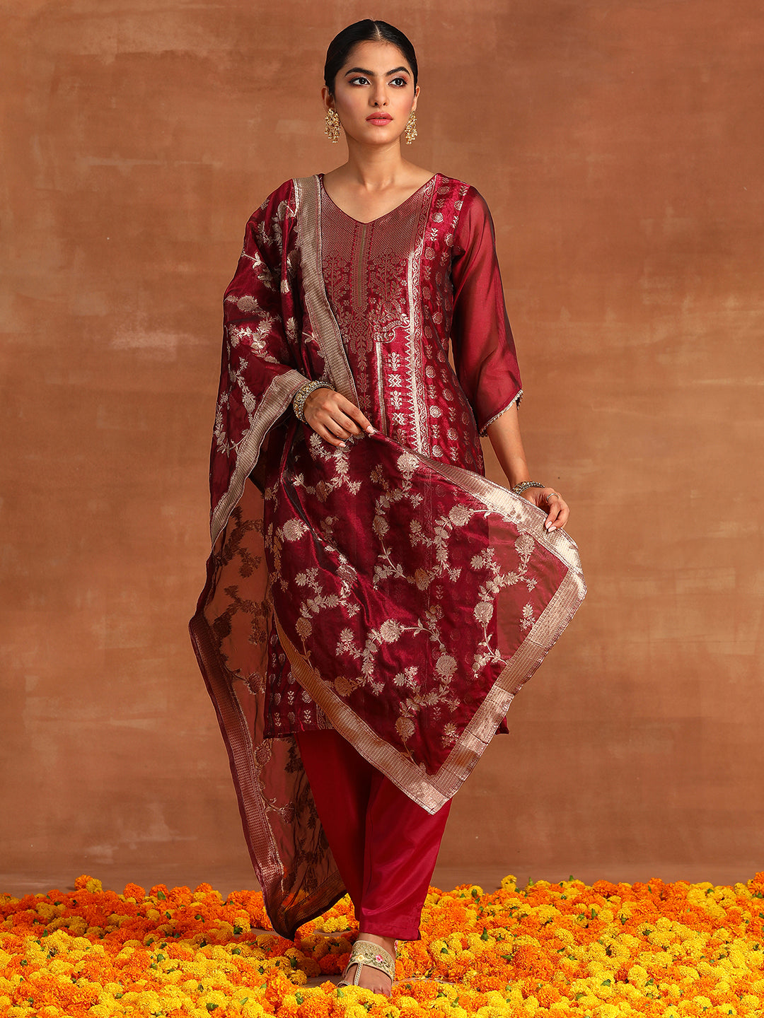 Wine Woven Design Straight Kurta Trouders With Dupatta Set