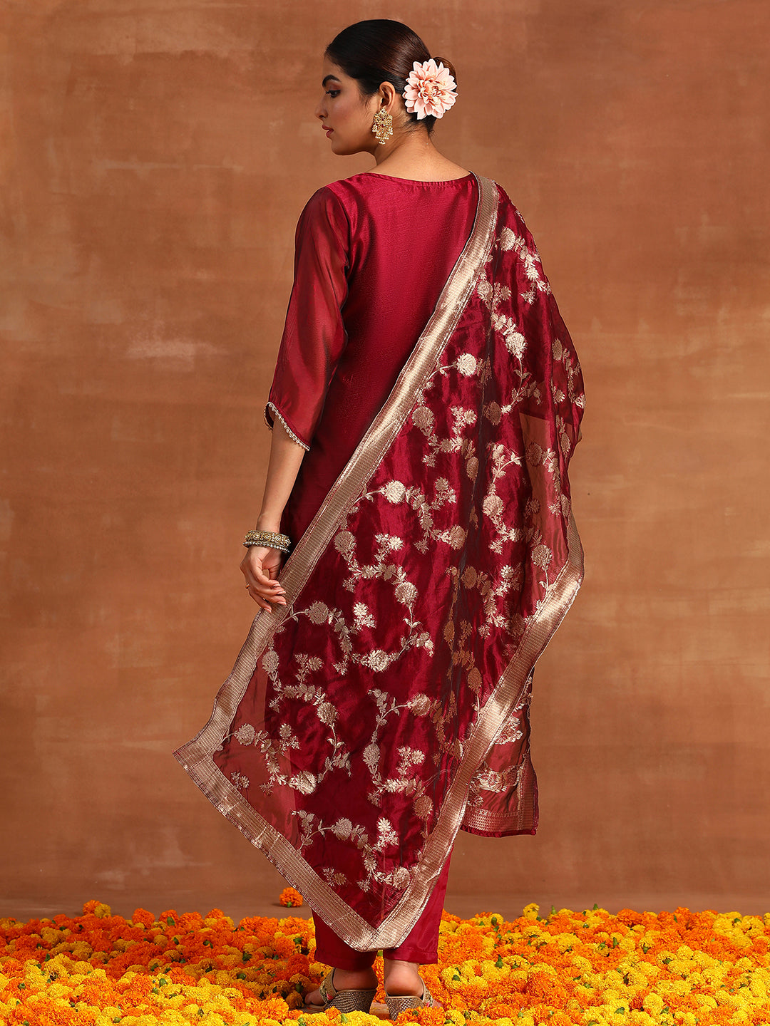 Wine Woven Design Straight Kurta Trouders With Dupatta Set