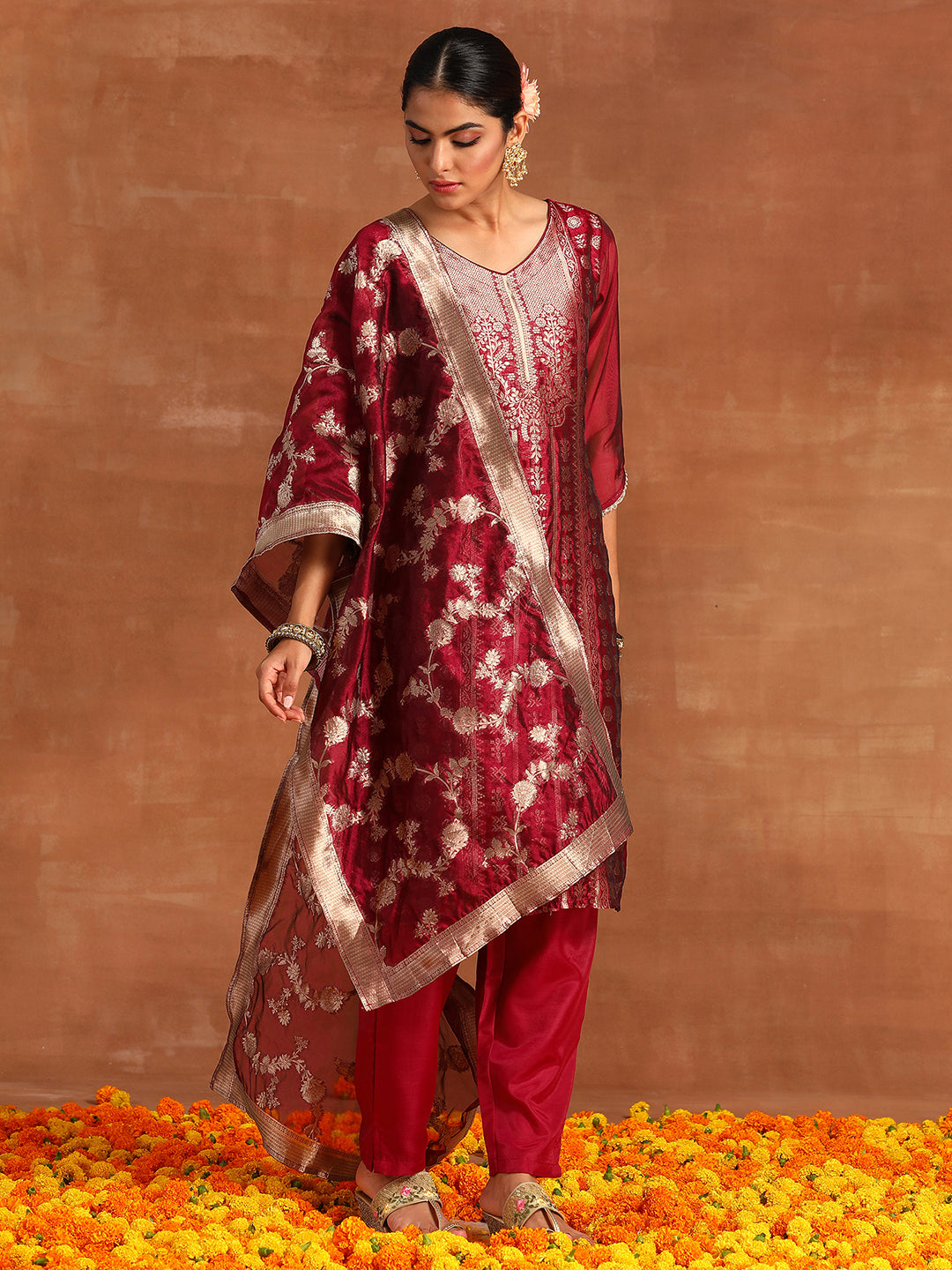 Wine Woven Design Straight Kurta Trouders With Dupatta Set