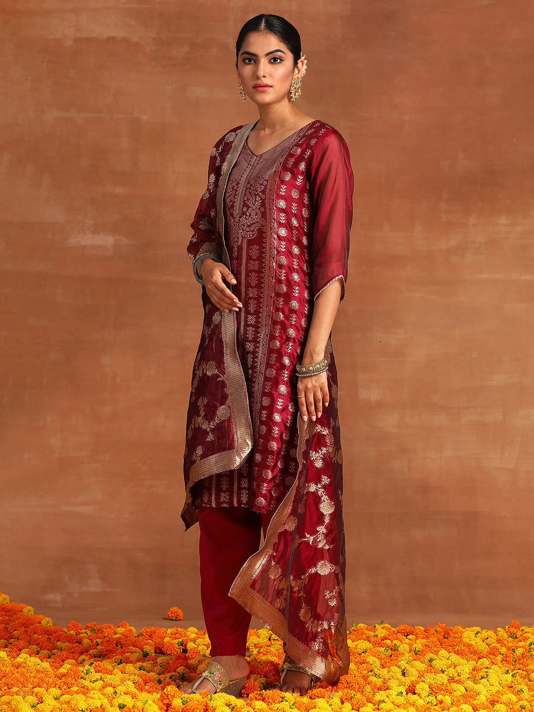 Wine Woven Design Straight Kurta Trouders With Dupatta Set