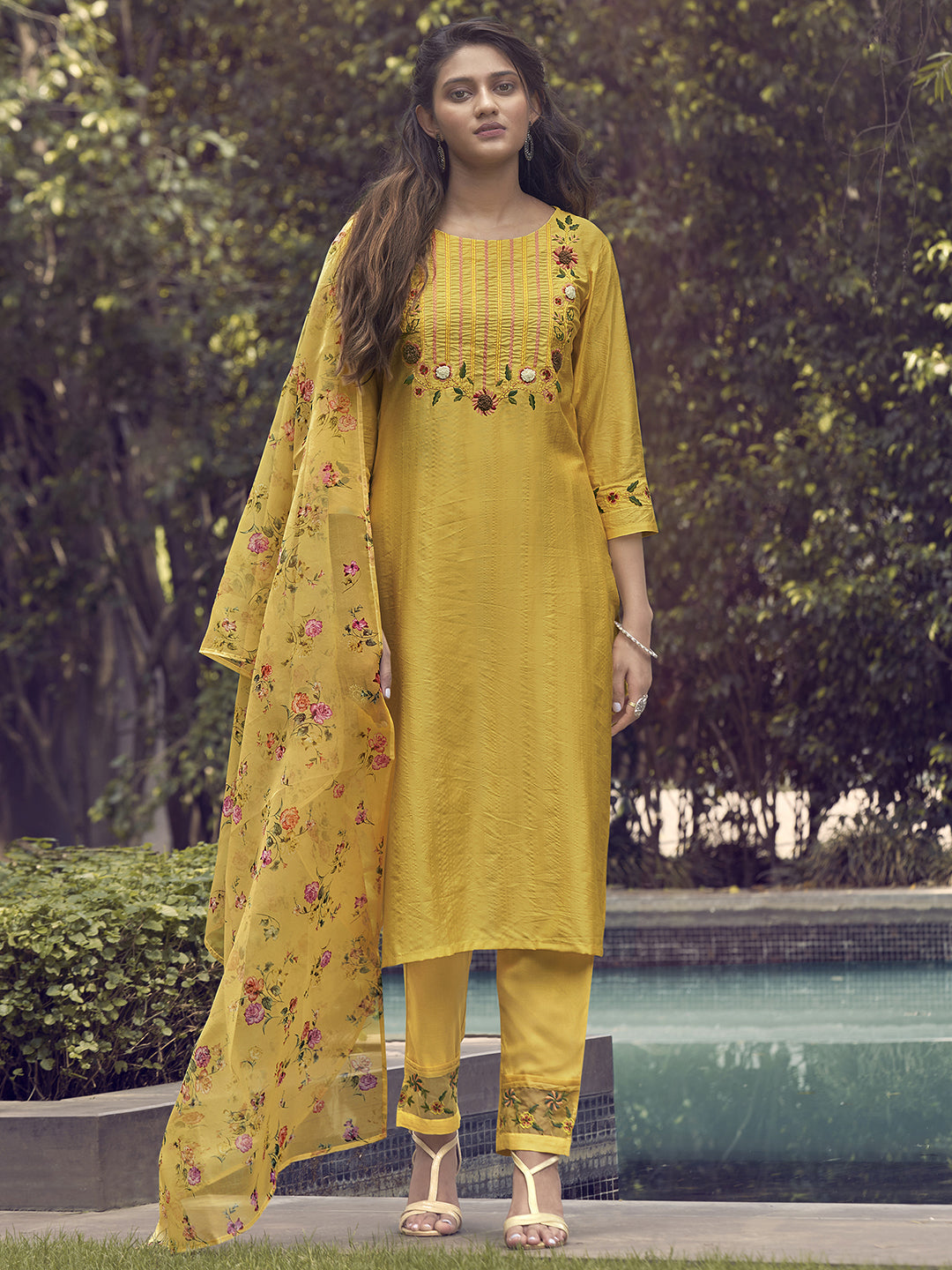 Yellow Embroidered Straight Kurta Trouser With Dupatta Set