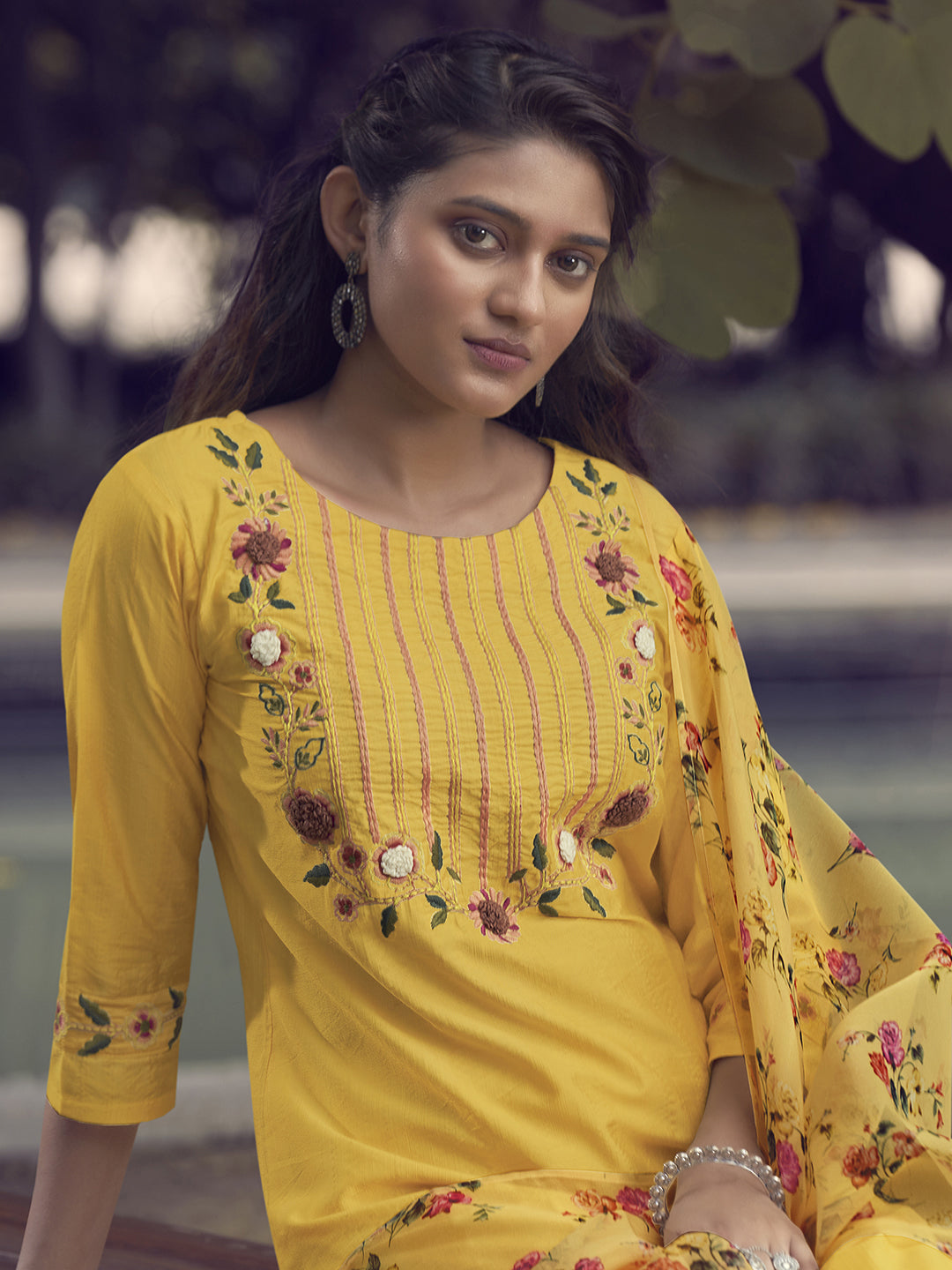 Yellow Embroidered Straight Kurta Trouser With Dupatta Set