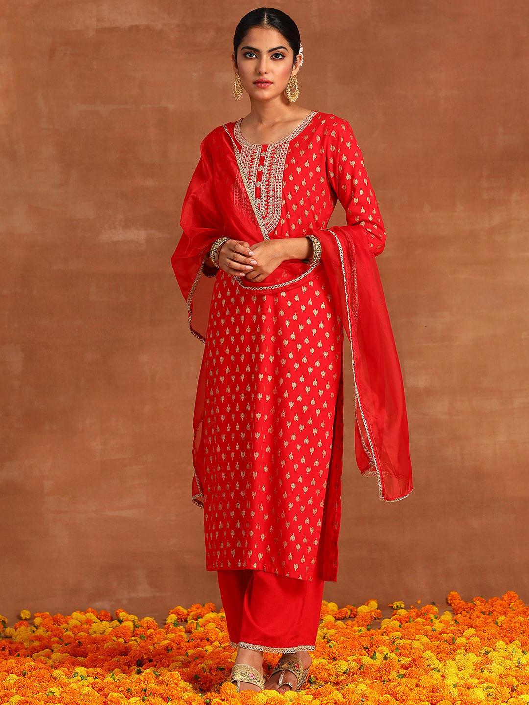 Red Embroidered Straight Kurta Palazzos With Dupatta Set