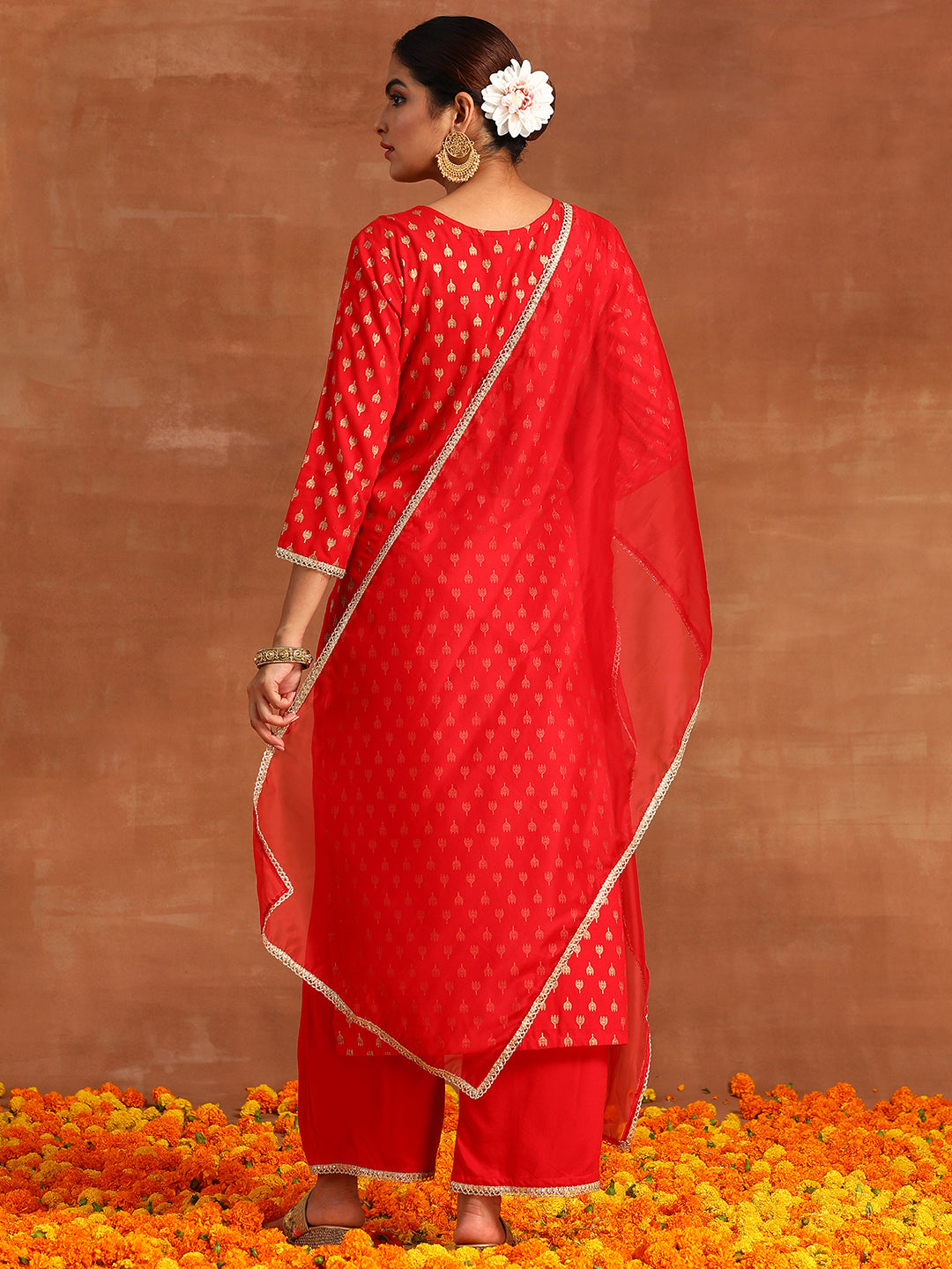 Red Embroidered Straight Kurta Palazzos With Dupatta Set