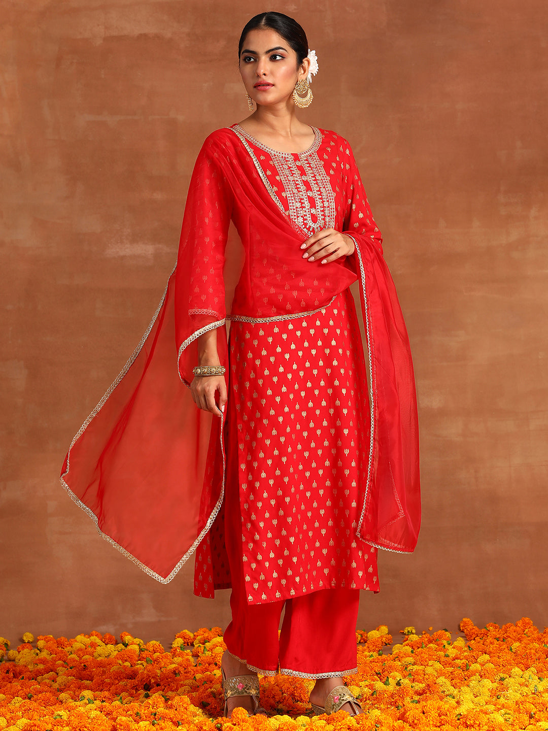 Red Embroidered Straight Kurta Palazzos With Dupatta Set