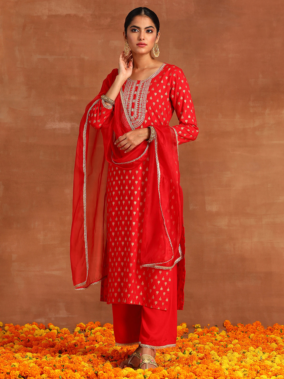 Red Embroidered Straight Kurta Palazzos With Dupatta Set