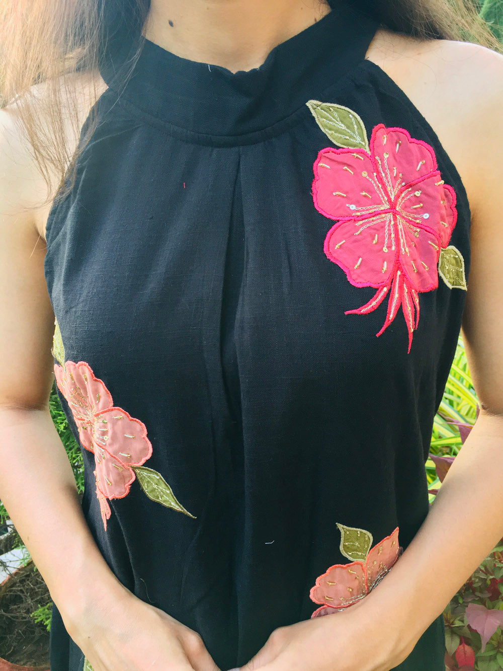 Black Cotton Slub Floral Applique Dress