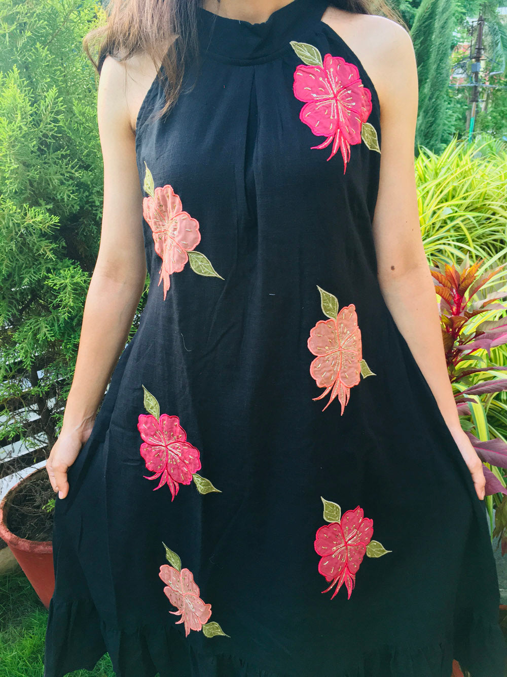 Black Cotton Slub Floral Applique Dress