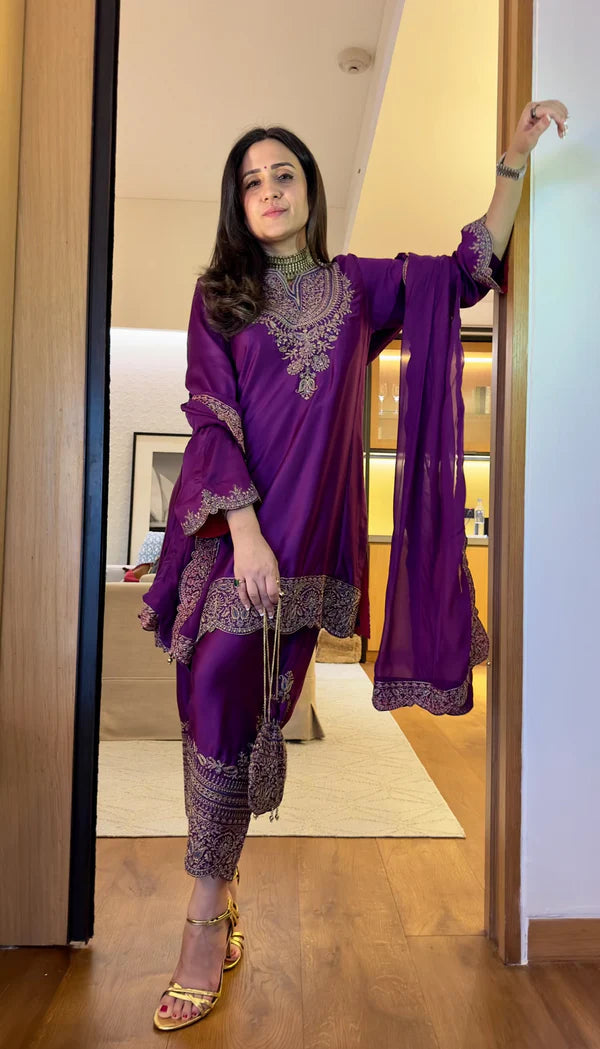 Wine Embroidered Set with Organza Dupatta- II