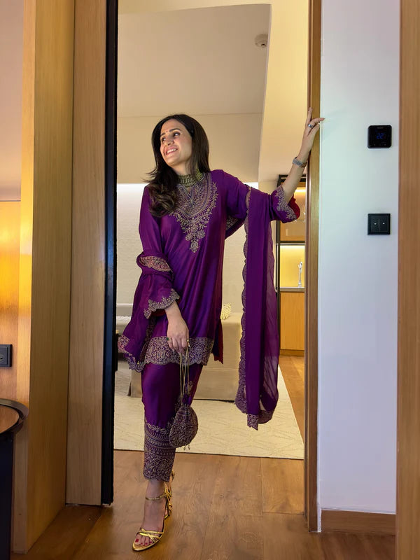 Wine Embroidered Set with Organza Dupatta- II