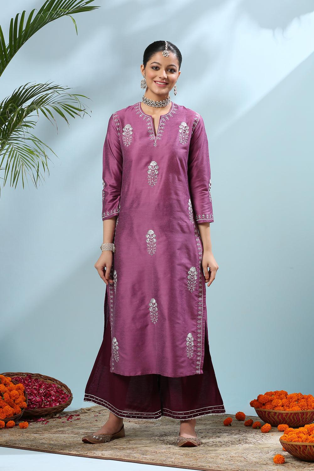 Purple Embroidered Cotton Silk Kurta