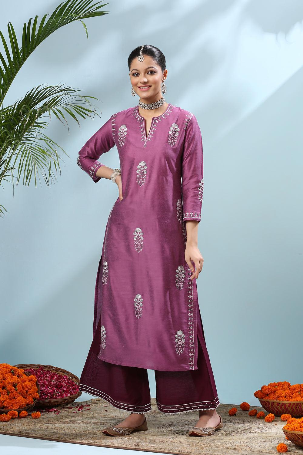 Purple Embroidered Cotton Silk Kurta