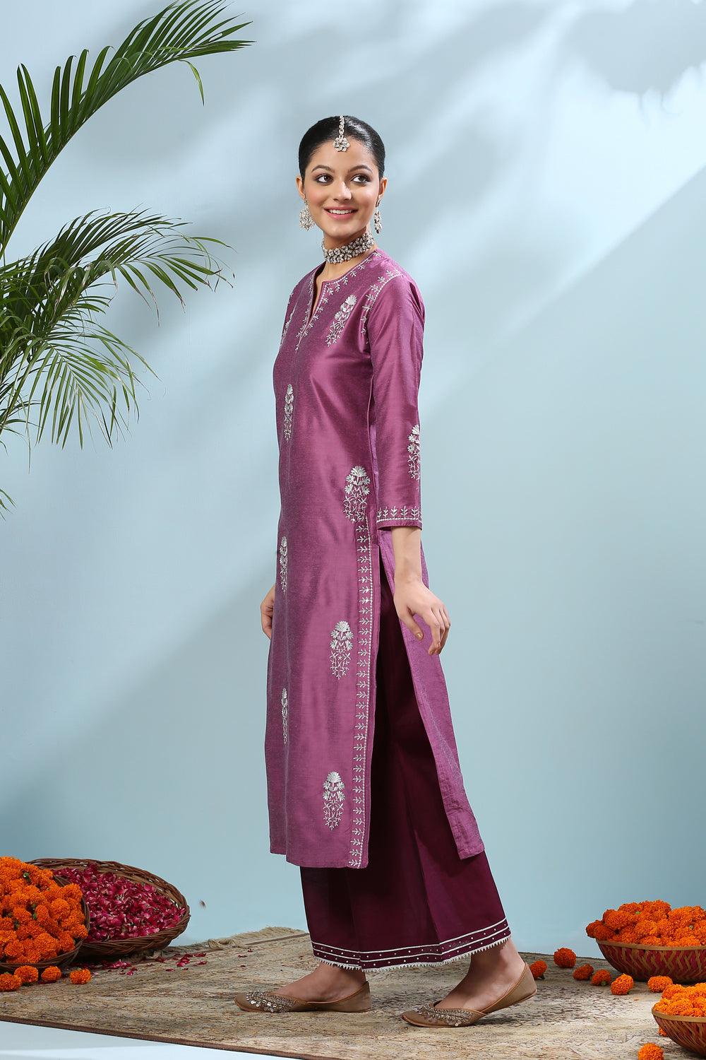 Purple Embroidered Cotton Silk Kurta