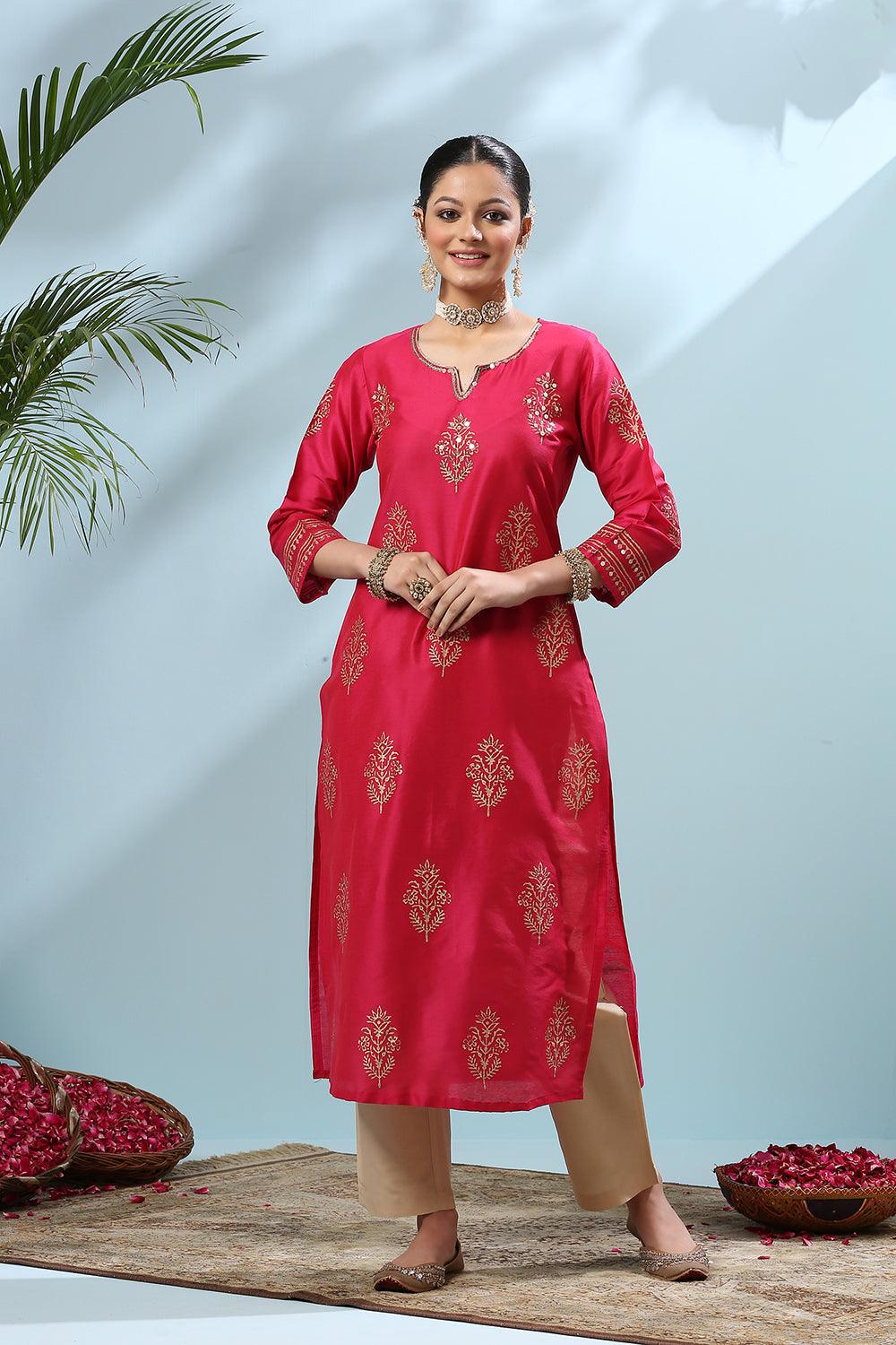 Fusia Pink Khari Printed Cotton Silk Kurta