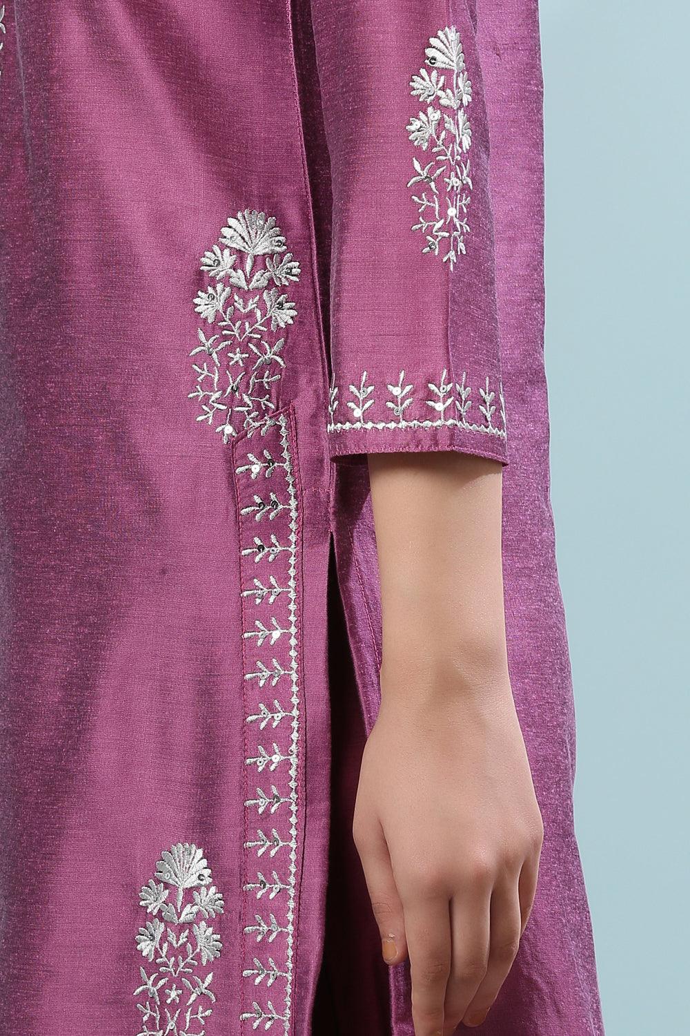 Purple Embroidered Cotton Silk Kurta