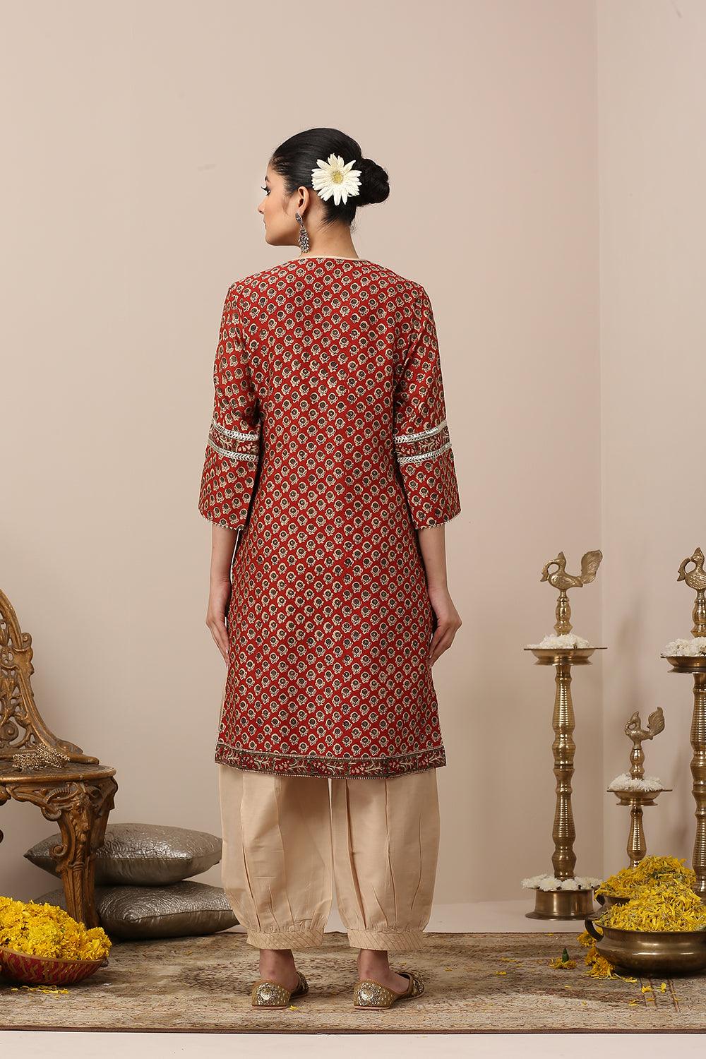 Maroon Hand Block Printed Chanderi Silk Short Kurta