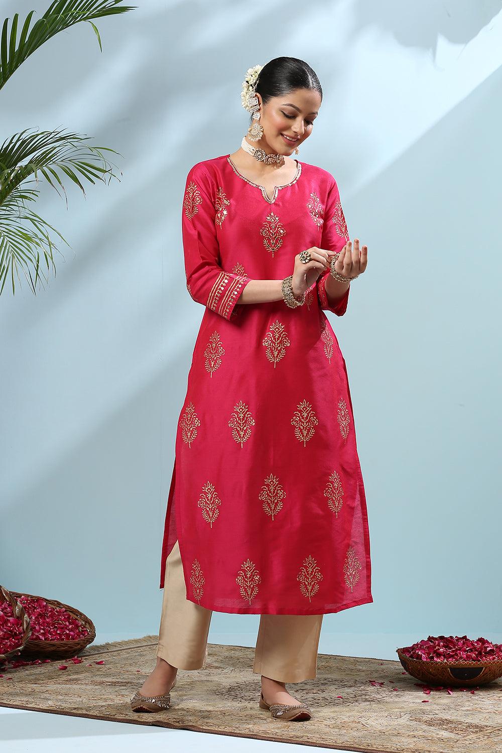 Fusia Pink Khari Printed Cotton Silk Kurta