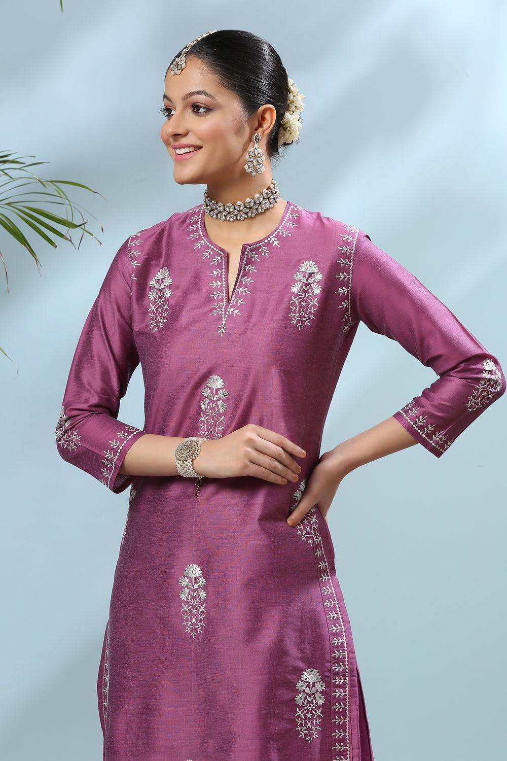 Purple Embroidered Cotton Silk Kurta