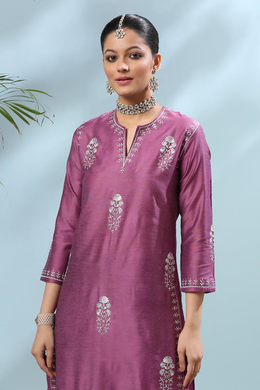 Purple Embroidered Cotton Silk Kurta