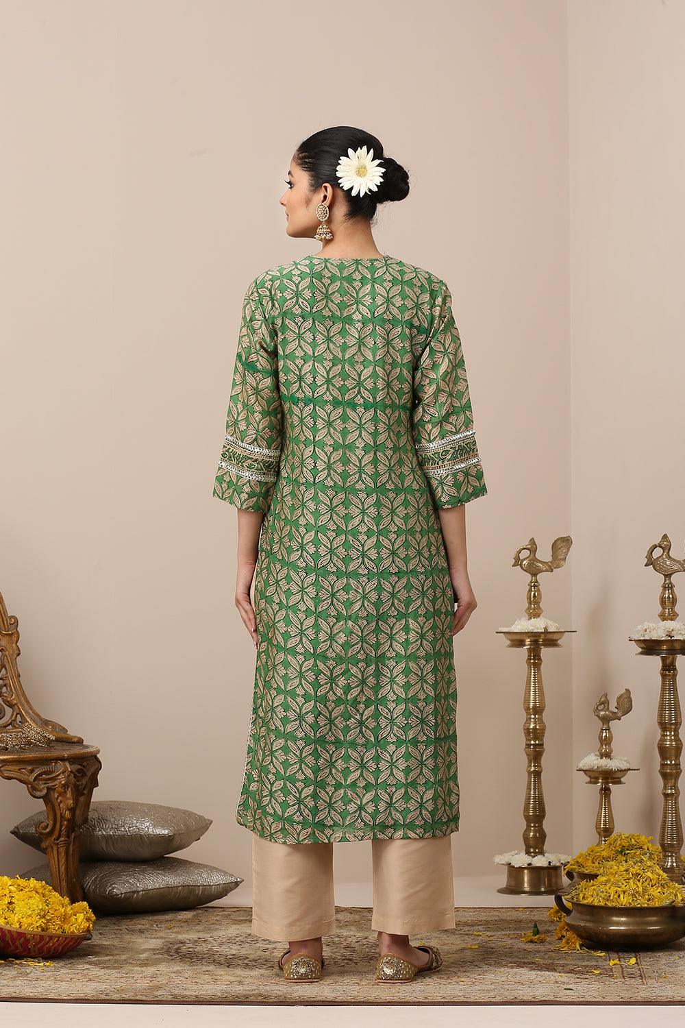 Green Hand Block Printed Chanderi Silk Kurta