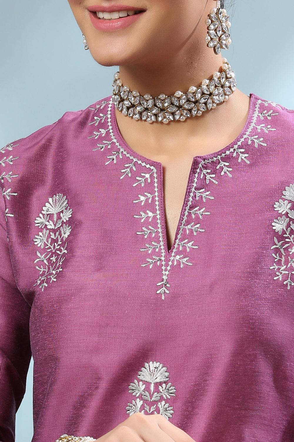 Purple Embroidered Cotton Silk Kurta