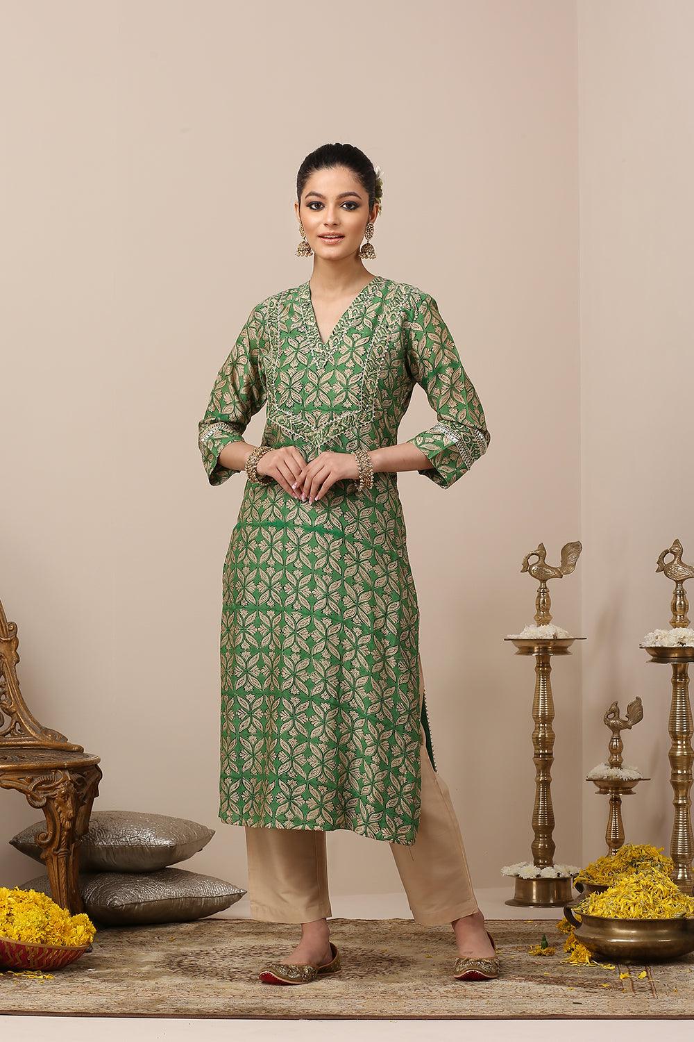 Green Hand Block Printed Chanderi Silk Kurta