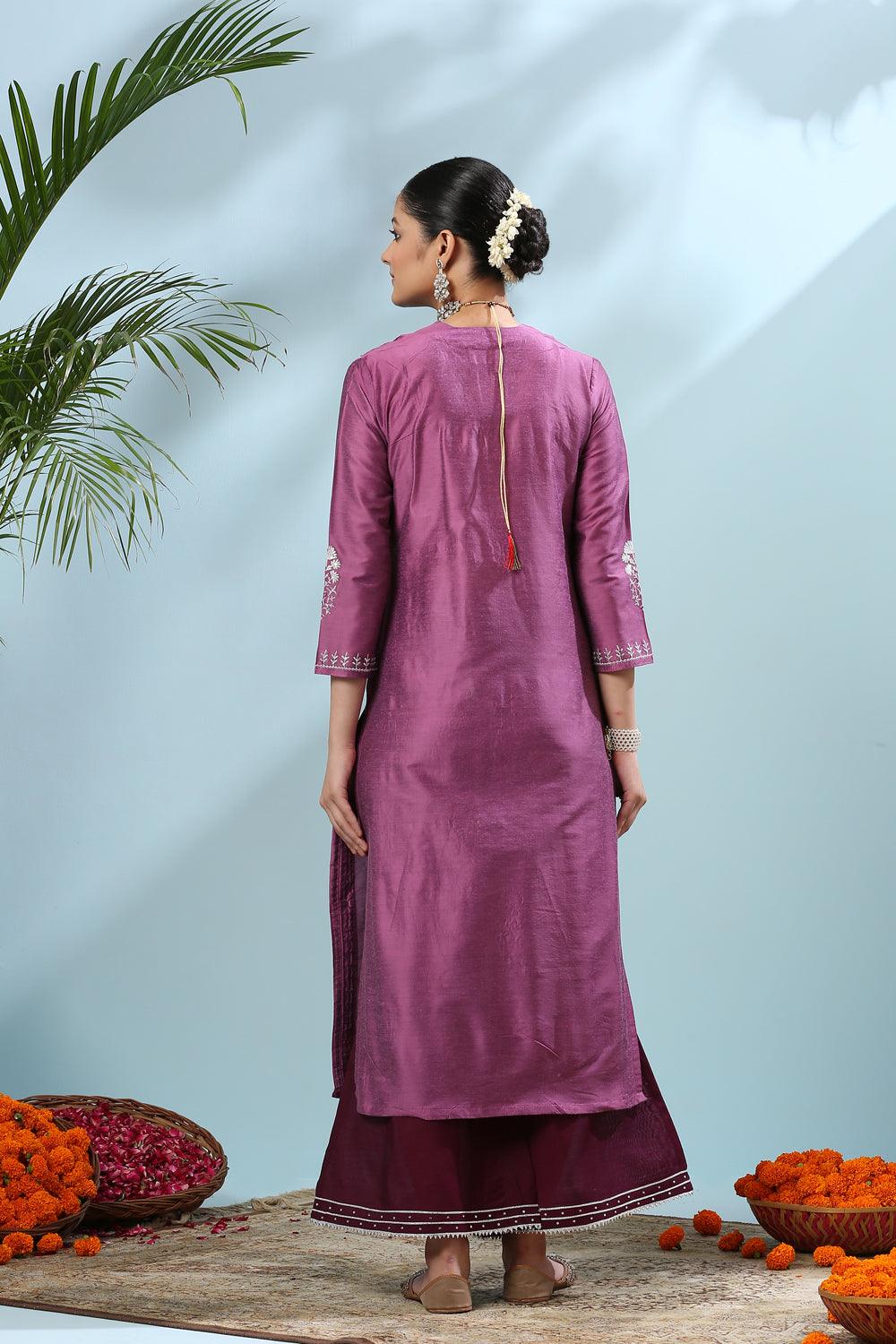 Purple Embroidered Cotton Silk Kurta