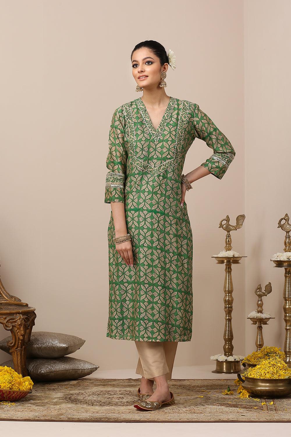 Green Hand Block Printed Chanderi Silk Kurta