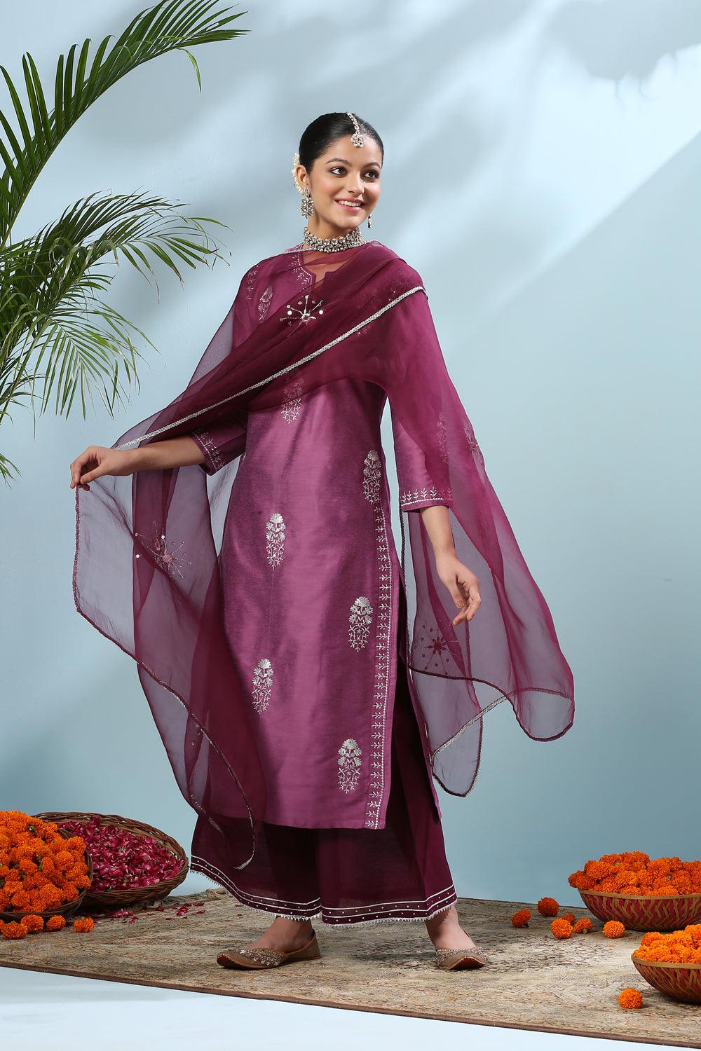 Purple Embroidered Cotton Silk Kurta