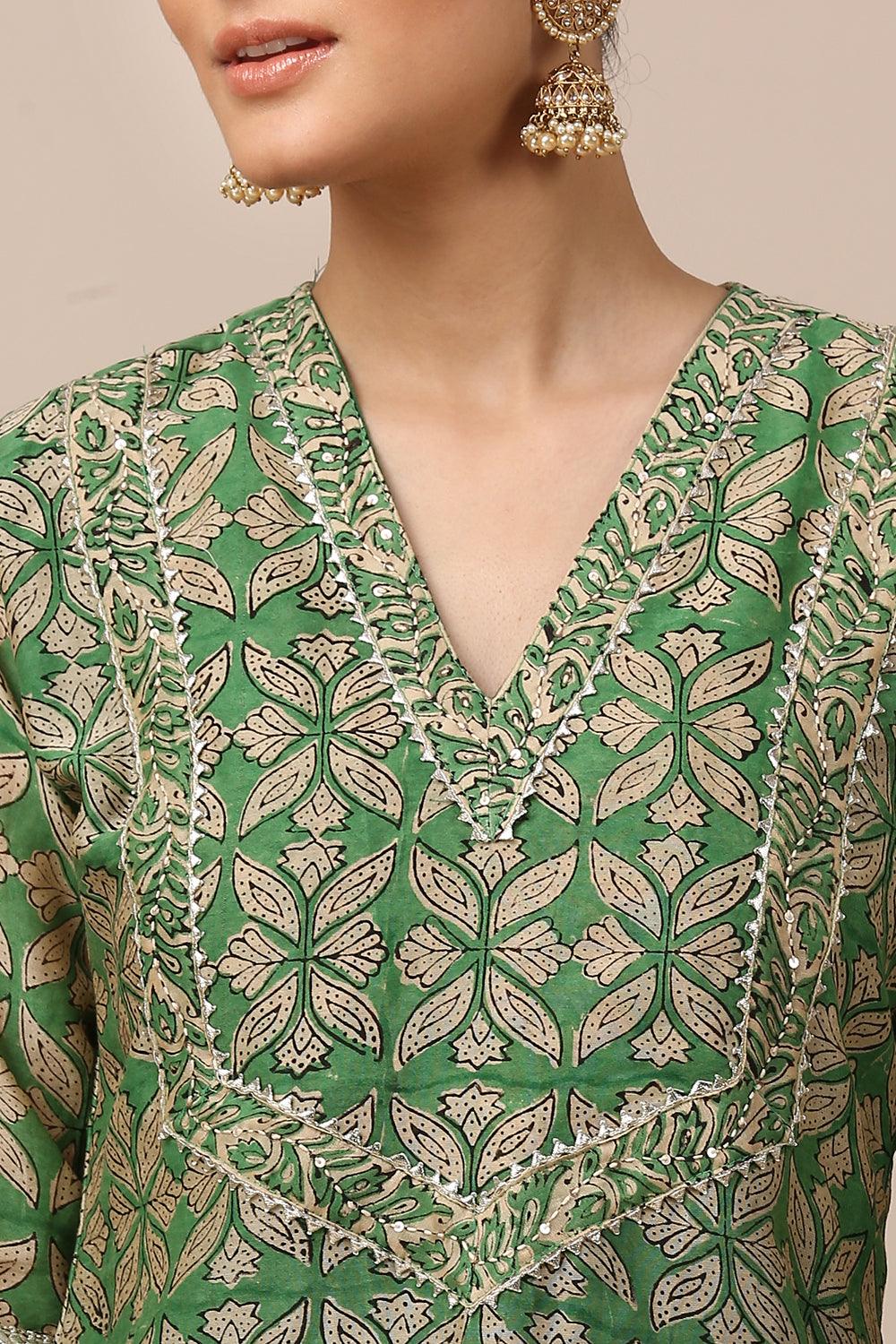 Green Hand Block Printed Chanderi Silk Kurta