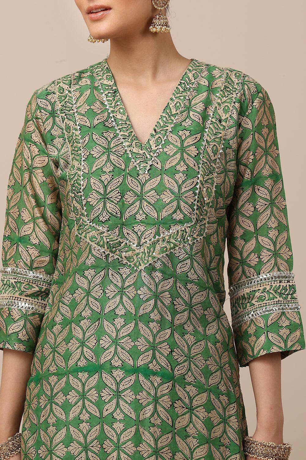 Green Hand Block Printed Chanderi Silk Kurta