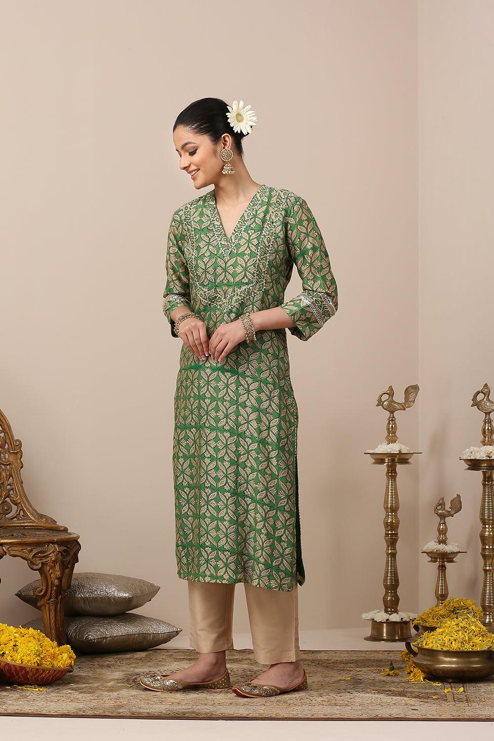 Green Hand Block Printed Chanderi Silk Kurta