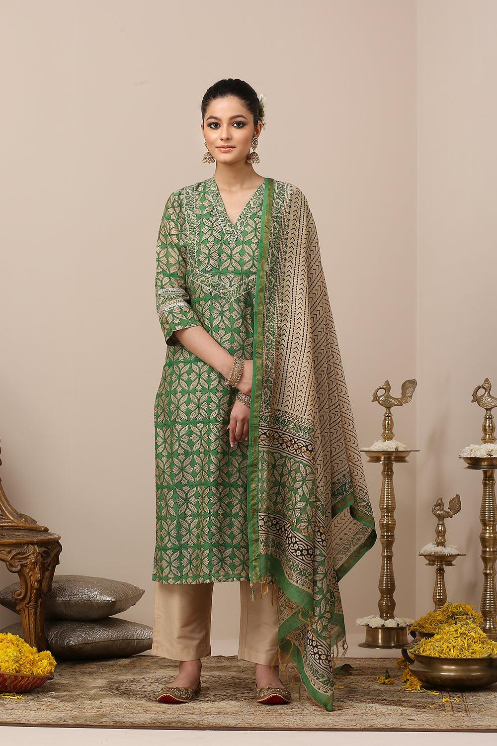 Green Hand Block Printed Chanderi Silk Kurta